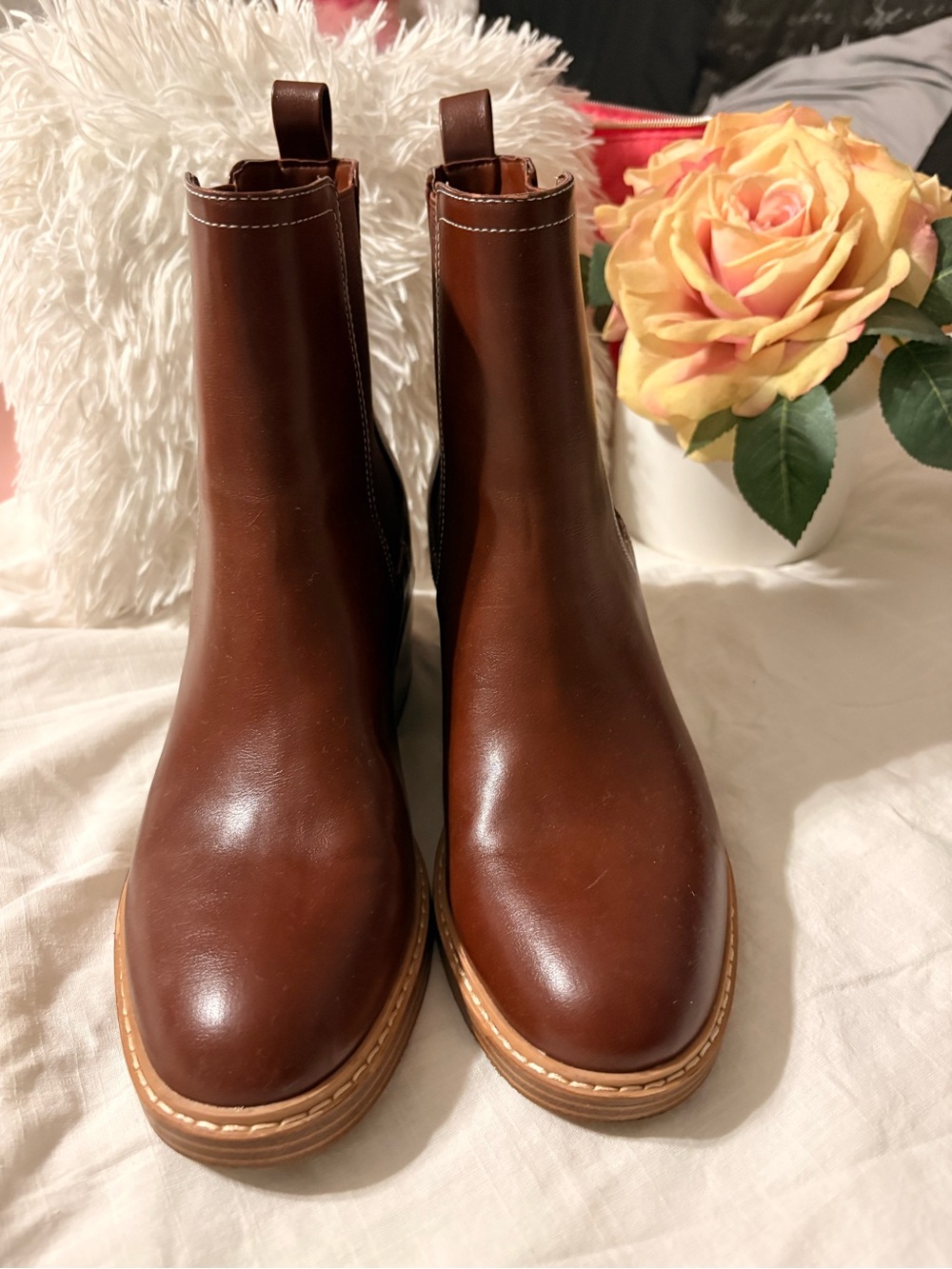Womens Brown Faux Leather Chelsea Boots - Classic Pull-On Style